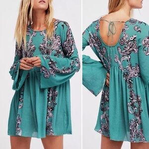NWOT Free People FP Intimately Floral Print Slip Dress Mini Teal Blue Green